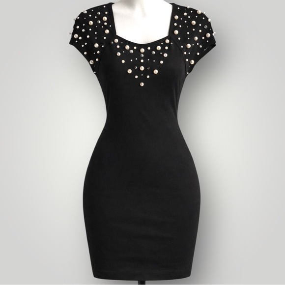 Eletra Casadei Dresses & Skirts - Vintage 1980s Eletra Casadei Pearl & Rhinestone Mini Black Dress -  Size Medium